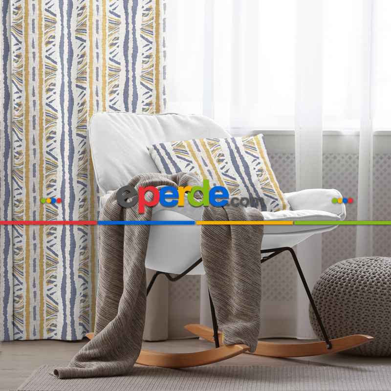 Etnik Fon Perde Evim1536 Kumaşı Kalındır Duck Bezi Değildir- Mavi-beyaz