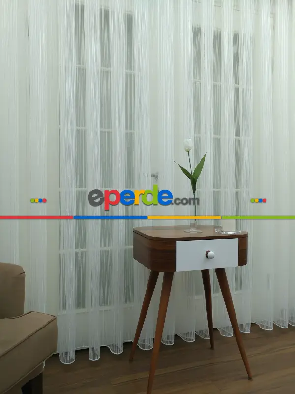 Ekru / Açık Krem Detaylı - Boyuna Çizgili Keten Tül Perde- Krem-ekru - Kurşunlu Tül