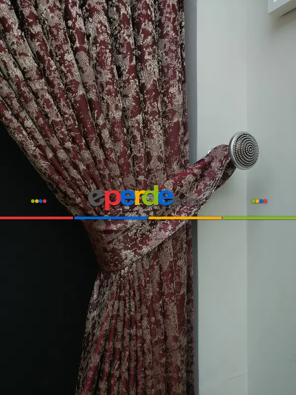 Bordo Krem Desenli Jakar Fon Perde - Bordo