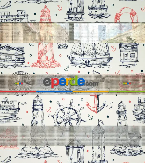 Gemi Ve Deniz Feneri Baskılı Zebra Perde-hatalı- Mavi-kırmızı-beyaz-turkuaz