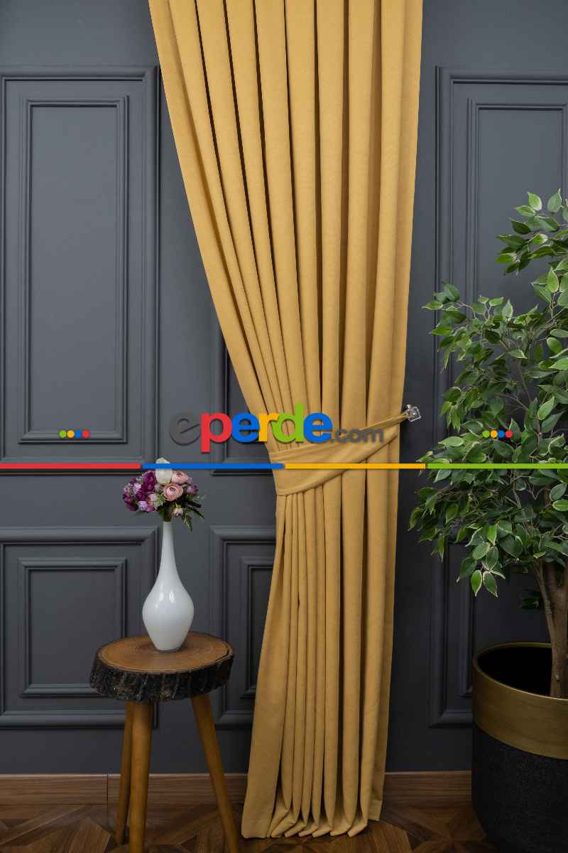 Hardal Düz Fon Perde En Dökümlü Fon Perde