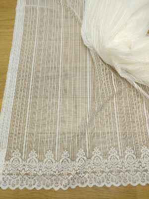 Etek Ucu Desenli Boyuna Çizgili Dantel Tül Perde- Ekru