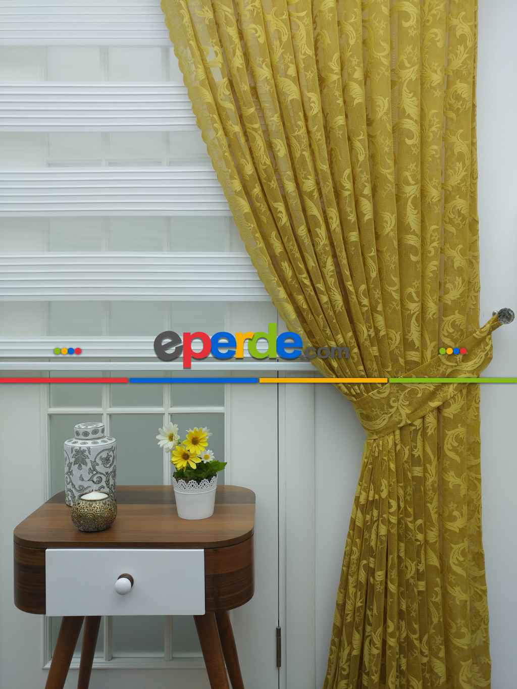 Sarı - Desenli Dantel Tül Fon Perde- Sarı