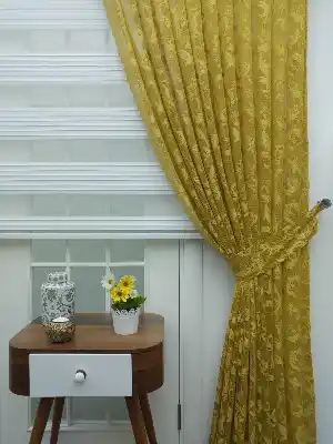 Sarı - Desenli Dantel Tül Fon Perde- Sarı