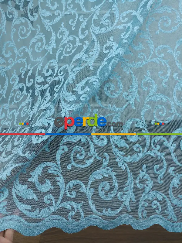 Tül Perde Ve Kruvaze Perde Şal Desenli ( Kdk Tül - Daha Kalın)- Mavi