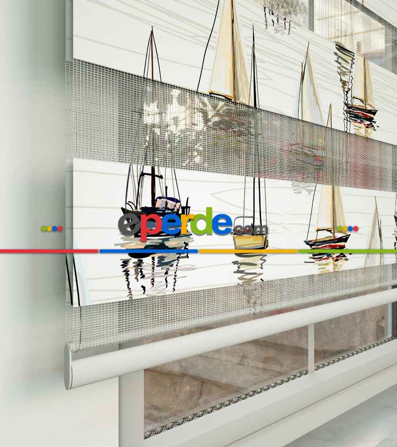 Yelkenli Desen Baskılı Zebra Perde- Çok Renkli