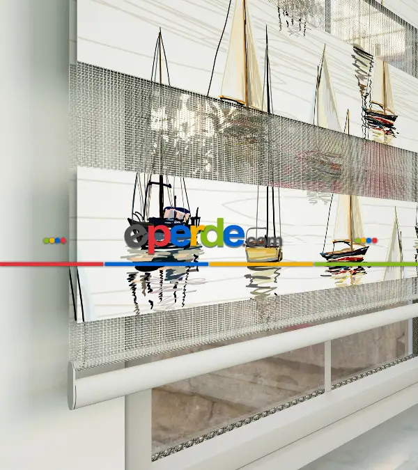 Yelkenli Desen Baskılı Zebra Perde- Çok Renkli