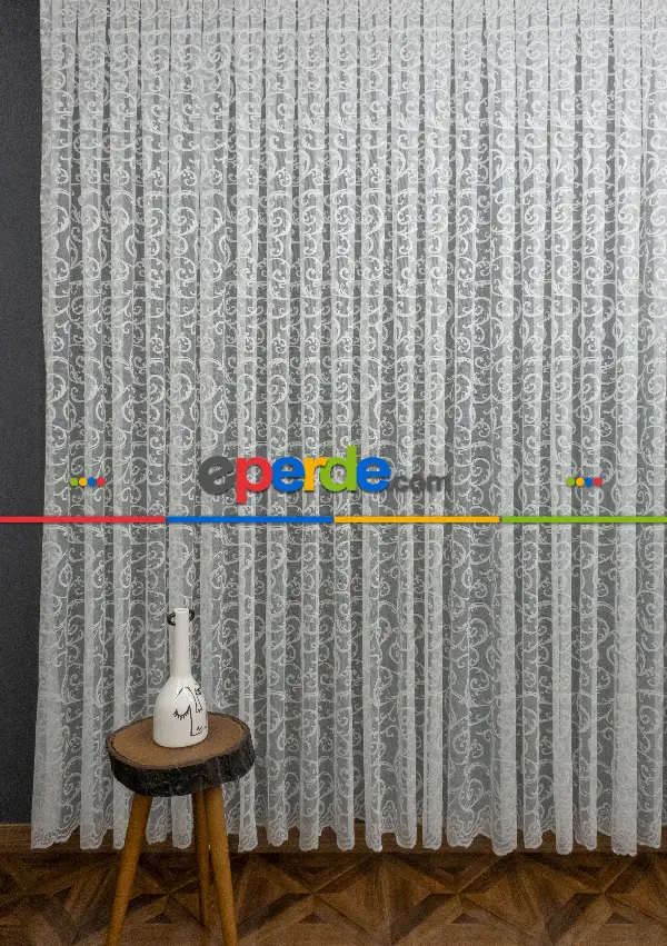 mutfak - Şal Ve Sarmaşık Desenli Örme Tül Fransız Danteli