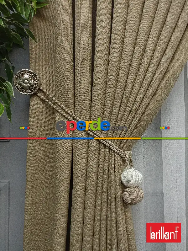 Yatak Odası - Brillant Keten Açık Bej Renk Düz Fon Perde - Bej