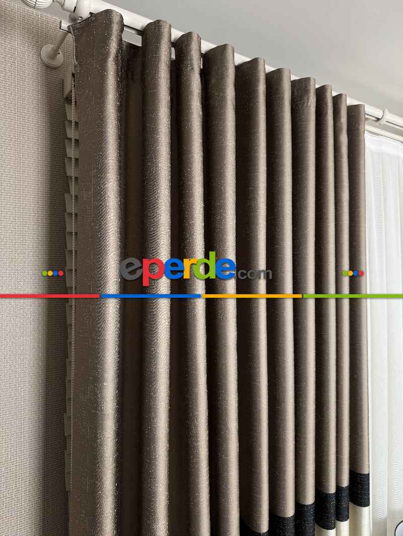 Salon - Kahveregi Krem Siyah Jakar Dokuma Fon Perde, Parlak Zemin