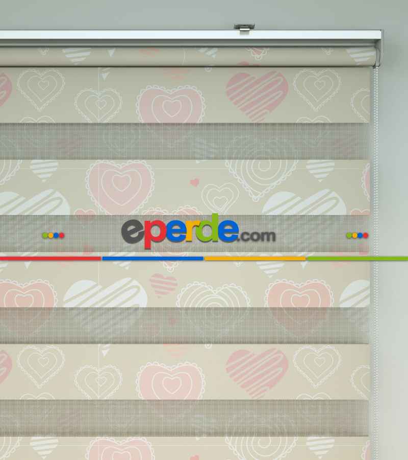 Kalp Desenli Baskılı Zebra Perde- Çok Renkli