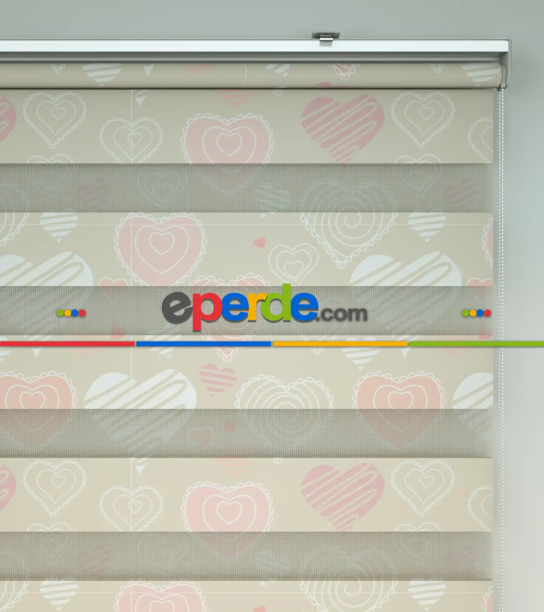 Kalp Desenli Baskılı Zebra Perde- Çok Renkli