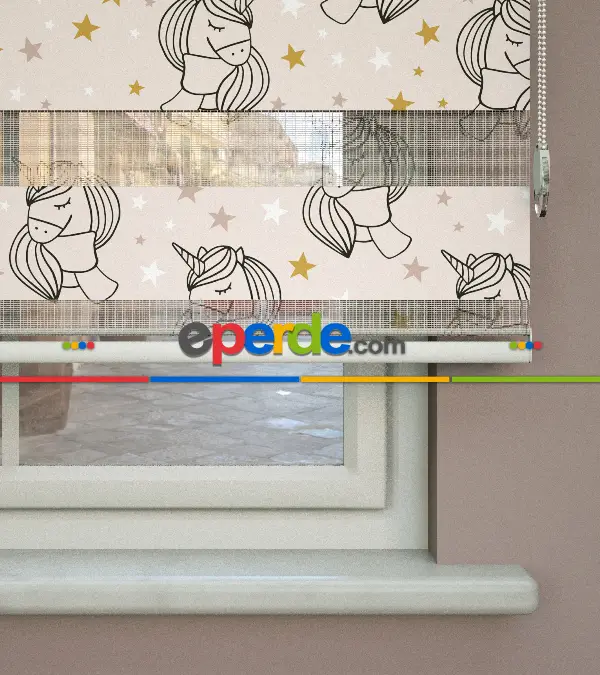 Unicorn Desenli Baskılı Zebra Perde- Çok Renkli