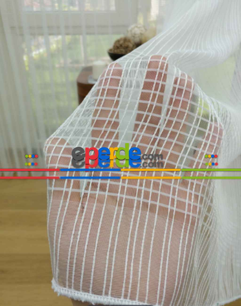 Çizgili Beyaz Tül Perde- Ekru - Kurşunlu Tül