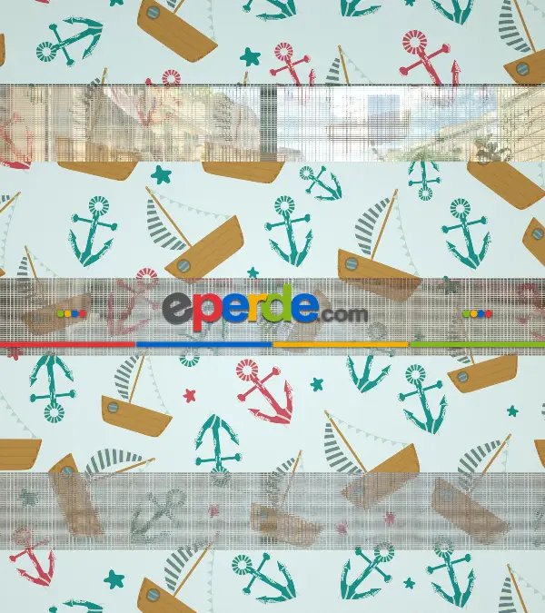 Bebek Odası Zebra -  Denizci Desenli Baskılı Zebra Perde- Yeşil-Kırmızı-Çok Renkli-Camel