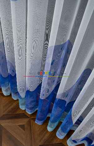 Hazır Ölçülü Petek Zemin Açık Mavi Renkli Dağ Ve Bulut Desenli Grek Baskılı Tül Perde