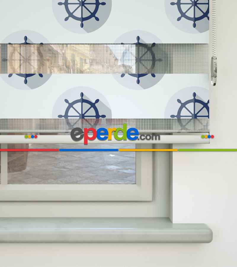 Çocuk Odası Zebra Perde - Dümen Baskılı Zebra Perde- Lacivert-Beyaz-Gri Açık