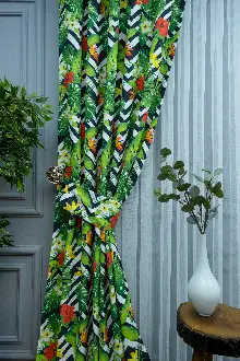 Tropikal Desenli Fon Perde K520 T - Kumaşı Kalındır Duck Bezi Değildir.- Yeşil-Çok Renkli