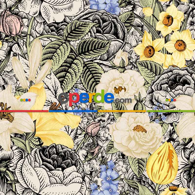 Çiçek Desenli Fon Perde Evm1092 Kumaşı Kalındır Duck Bezi Değildir- Sarı-Beyaz- Çok Renkli 3