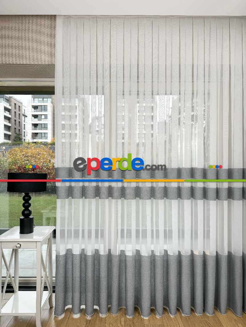 Bambu Gri Enine Bantlı Tül Perde - Premium Seri Kurşunlu Tül