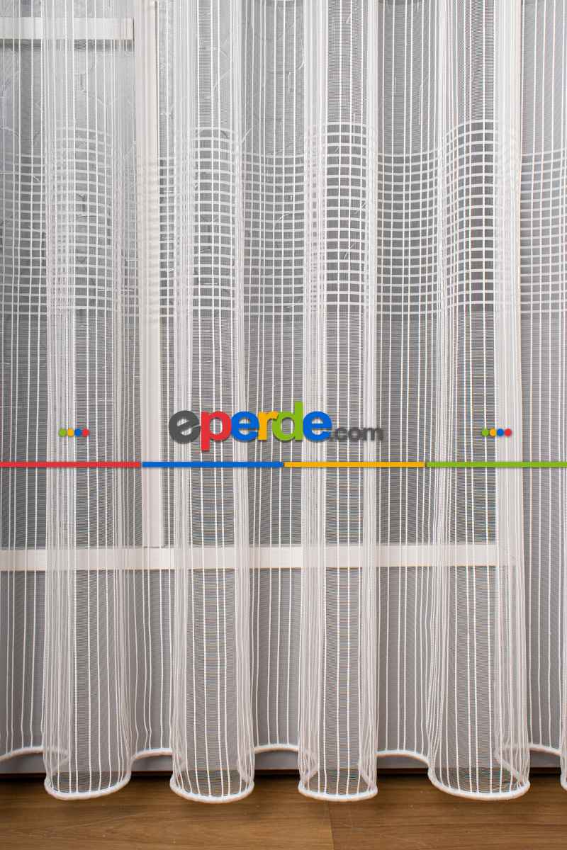 Mutfak - Zincir Çizgili Tül Perde - Ekru