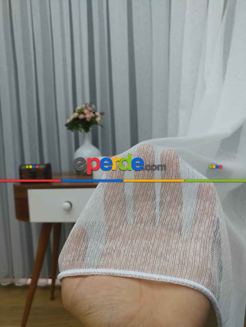 Salon ( Orjinal ) Fantazi İnce Çizgili Tül Perde Kurşunlu Resimdeki Pile 1/3- Ekru