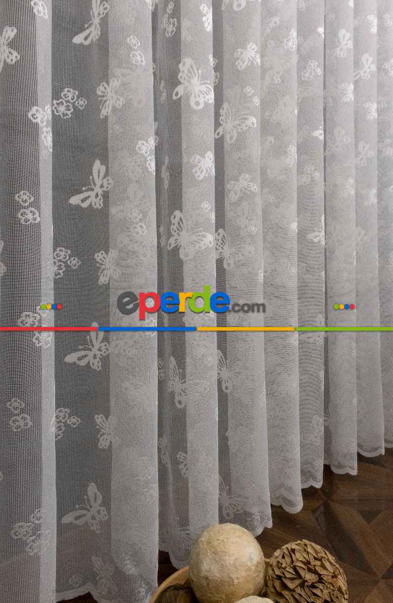 Kız Çocuk Odası Tül Perdesi Kelebekli Desen Örme Tül