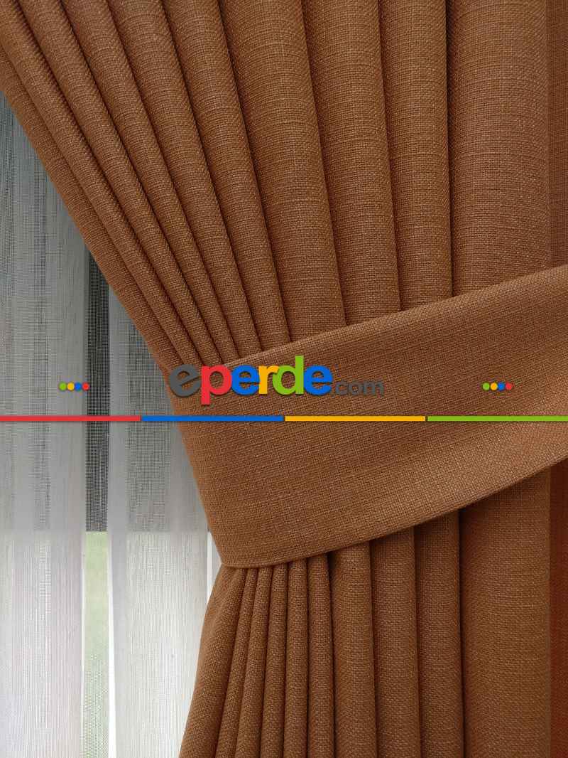 Yatak Odası - Keten Oranj Renk Düz Fon Perde- Turuncu