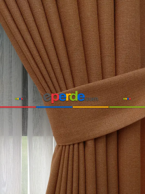 Yatak Odası - Keten Oranj Renk Düz Fon Perde- Turuncu