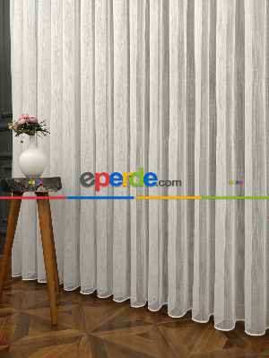 Ekru Boydan Çizgili Düz Armür Tül Perde - Ütü İstemez