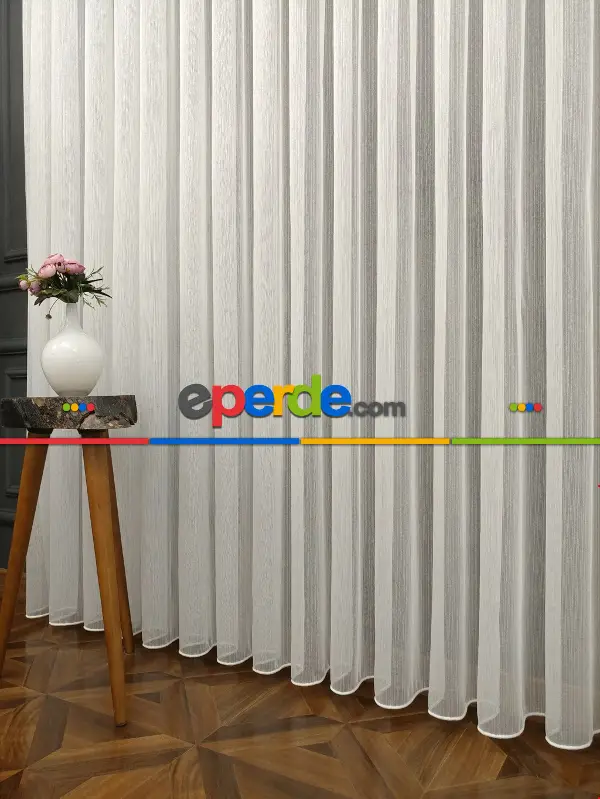 Ekru Boydan Çizgili Düz Armür Tül Perde - Ütü İstemez