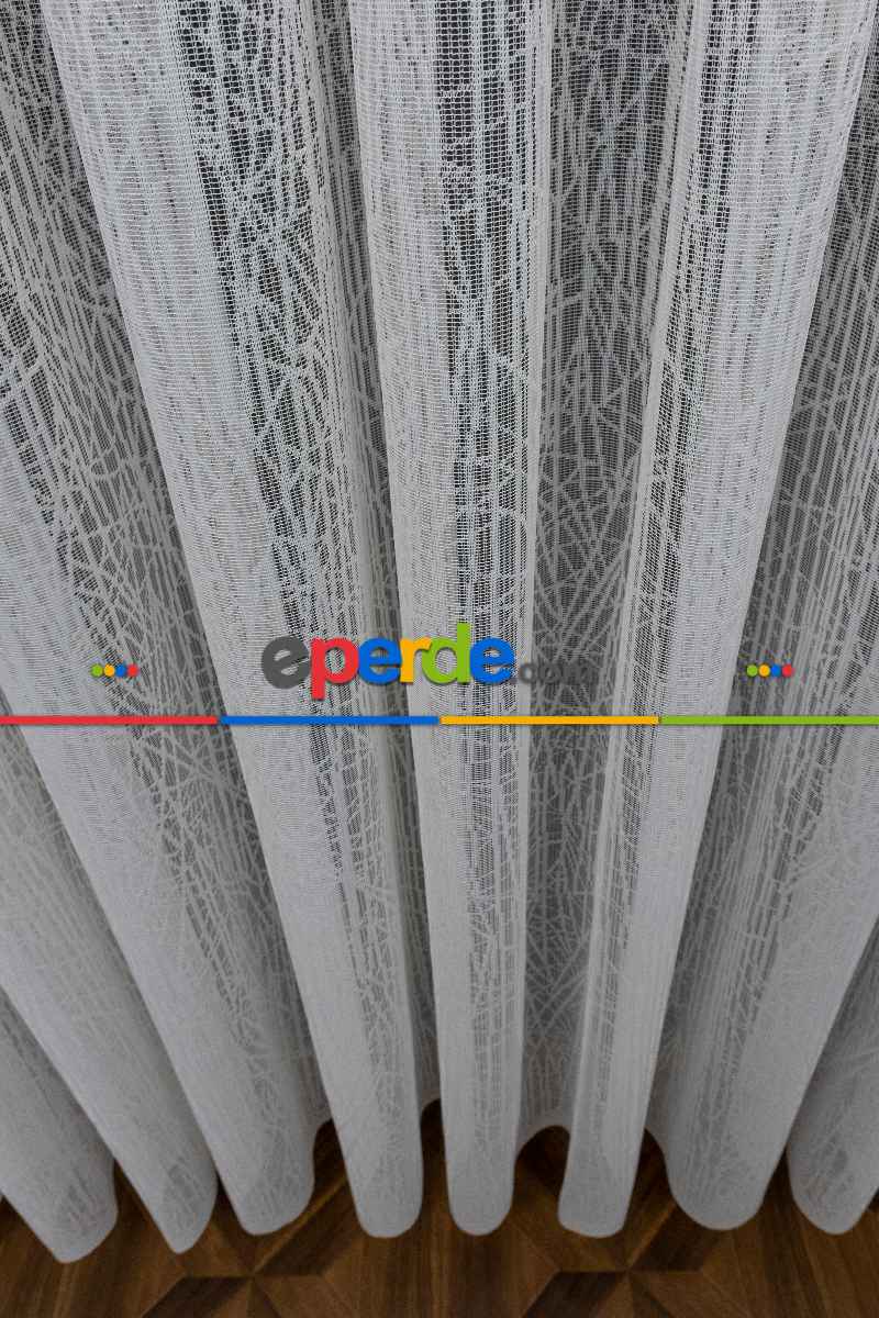 Desenli Tül Perde - Fransız Dantel Örme Tül - Geometrik Çizgili Tül - Spor Desenli Tül - Ütü İstemez- Ekru Açık Krem