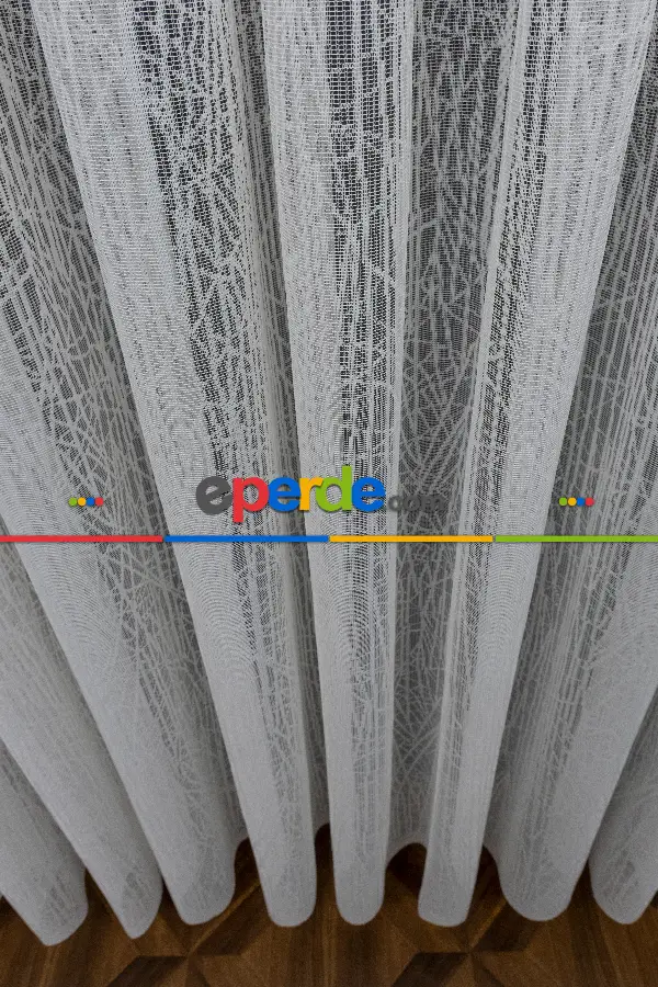 Mutfak Desenli Tül Perde - Fransız Dantel Örme Tül - Geometrik Çizgili Tül - Spor Desenli Tül - Ütü İstemez- Ekru Açık Krem