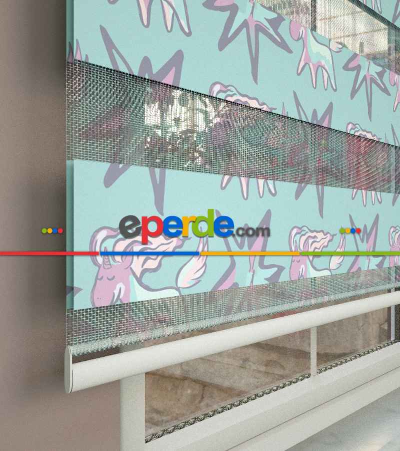 Unicorn Desenli Baskılı Zebra Perde- Çok Renkli