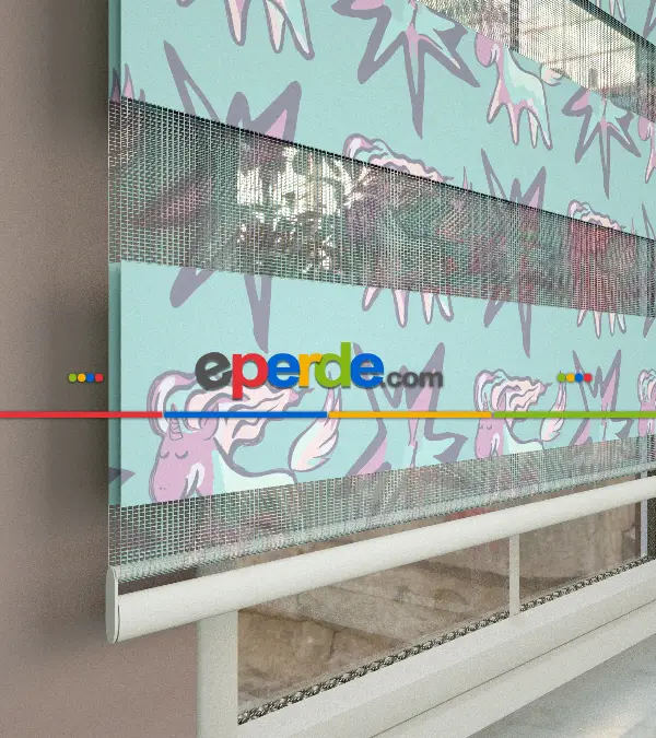Unicorn Desenli Baskılı Zebra Perde- Çok Renkli
