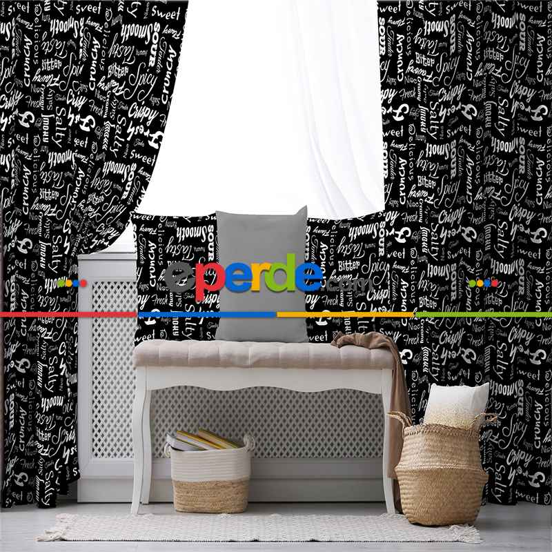 Siyah Yazılı Desenli Fon Perde Evim271 Kumaşı Kalındır Duck Bezi Değildir- Mavi-beyaz