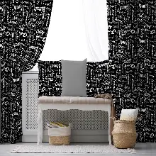 Siyah Yazılı Desenli Fon Perde Evim271 Kumaşı Kalındır Duck Bezi Değildir- Mavi-beyaz