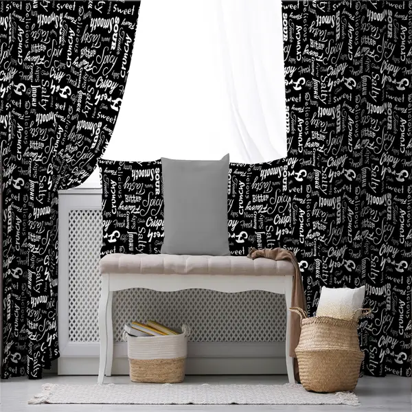 Siyah Yazılı Desenli Fon Perde Evim271 Kumaşı Kalındır Duck Bezi Değildir- Mavi-beyaz