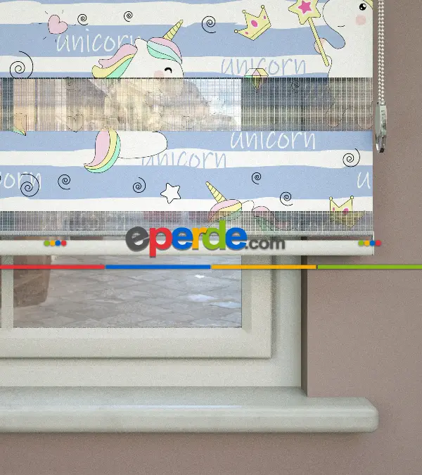 Unicorn Desenli Baskılı Zebra Perde- Çok Renkli