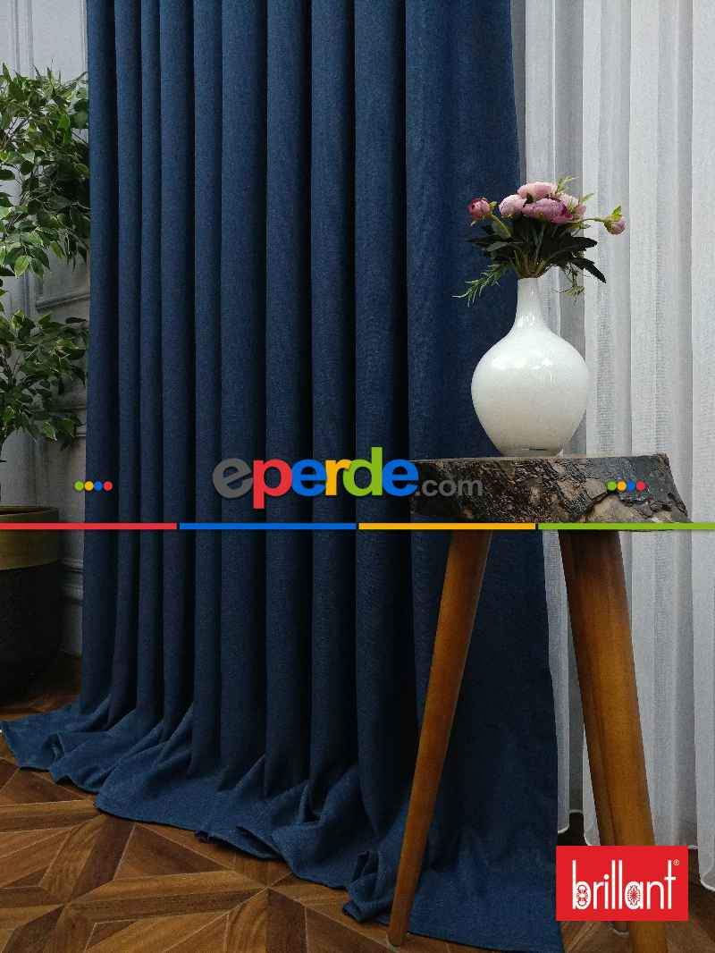 Brillant Keten Petrol Mavi Renk Düz Fon Perde - Petrol Mavisi