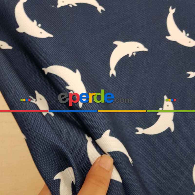 Bebek Odası - Marin Serisi Yunus Desenli Fon Perde Evm1512-3 Kumaşı Kalındır Duck Bezi Değildir- Lacivert-Beyaz