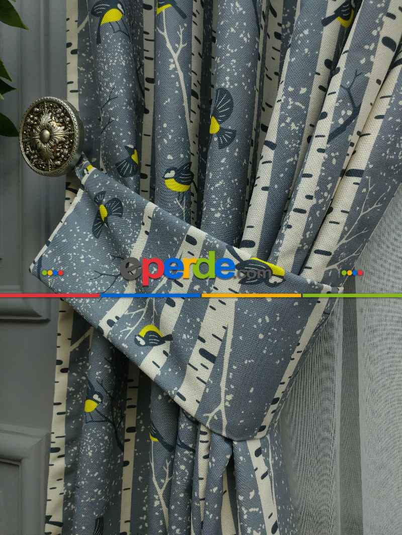 Mutfak Perdesi Kanat Fon Perde Kuş Desenli- Sarı