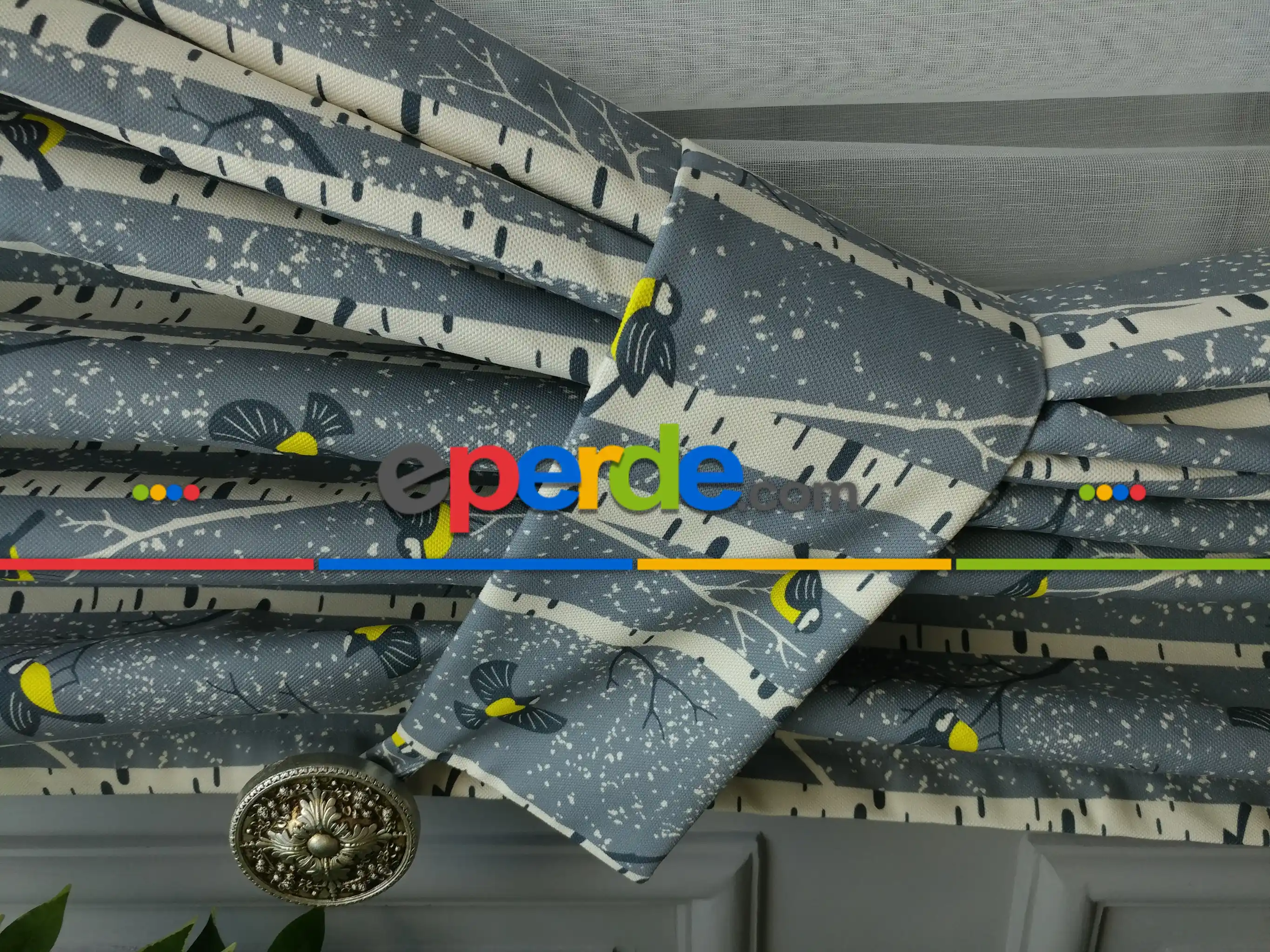 Kuş Ve Ağaç Desenli Fon Perde Evm1083 Kumaşı Kalındır Duck Bezi Değildir- Sarı-Beyaz