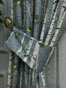 Kuş Ve Ağaç Desenli Fon Perde Evm1083 Kumaşı Kalındır Duck Bezi Değildir- Sarı-Beyaz