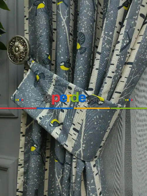 Kuş Ve Ağaç Desenli Fon Perde Evm1083 Kumaşı Kalındır Duck Bezi Değildir- Sarı-Beyaz