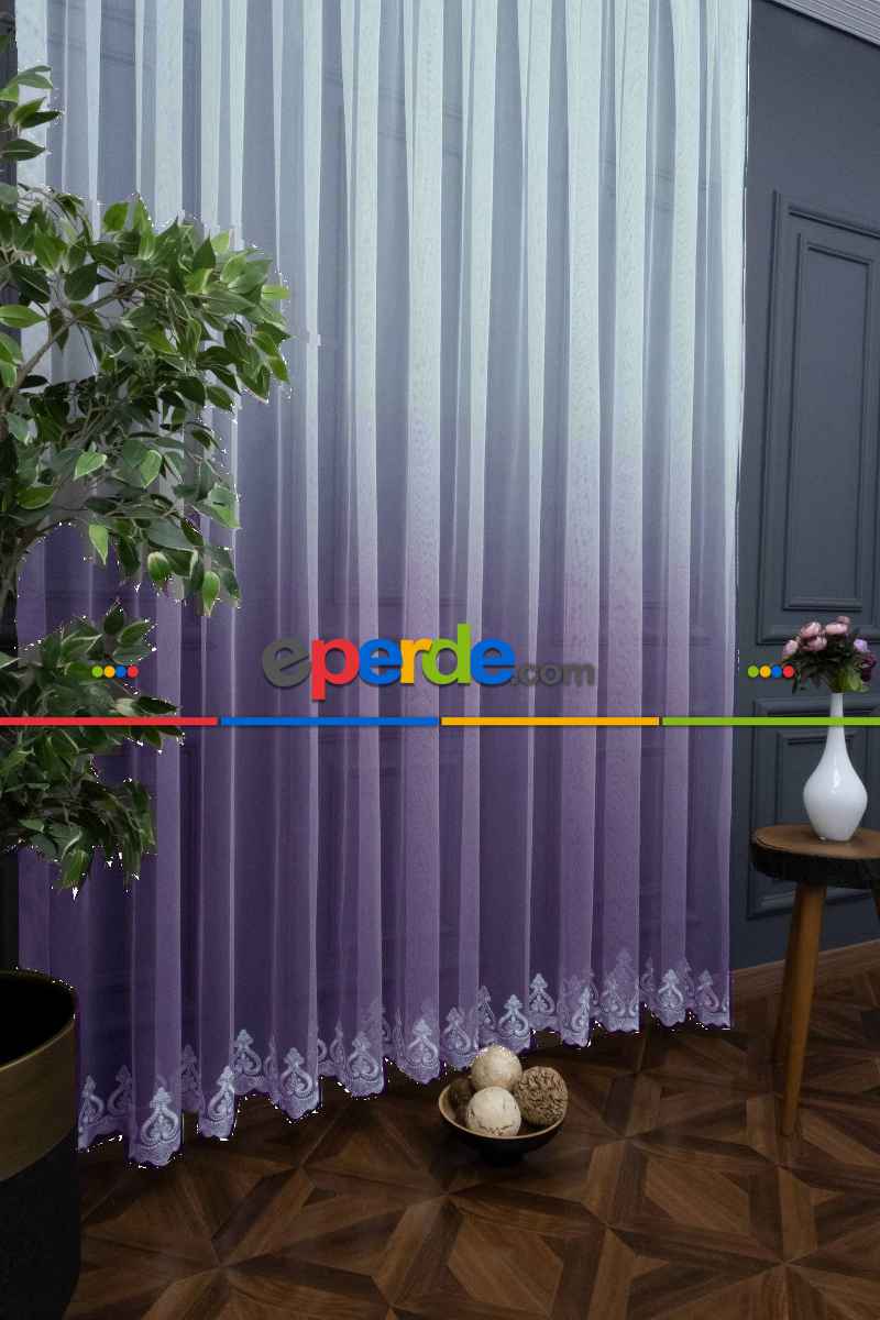 Lila Etek Nakışlı Renk Geçişli Degrade Tasarım Tül Perde