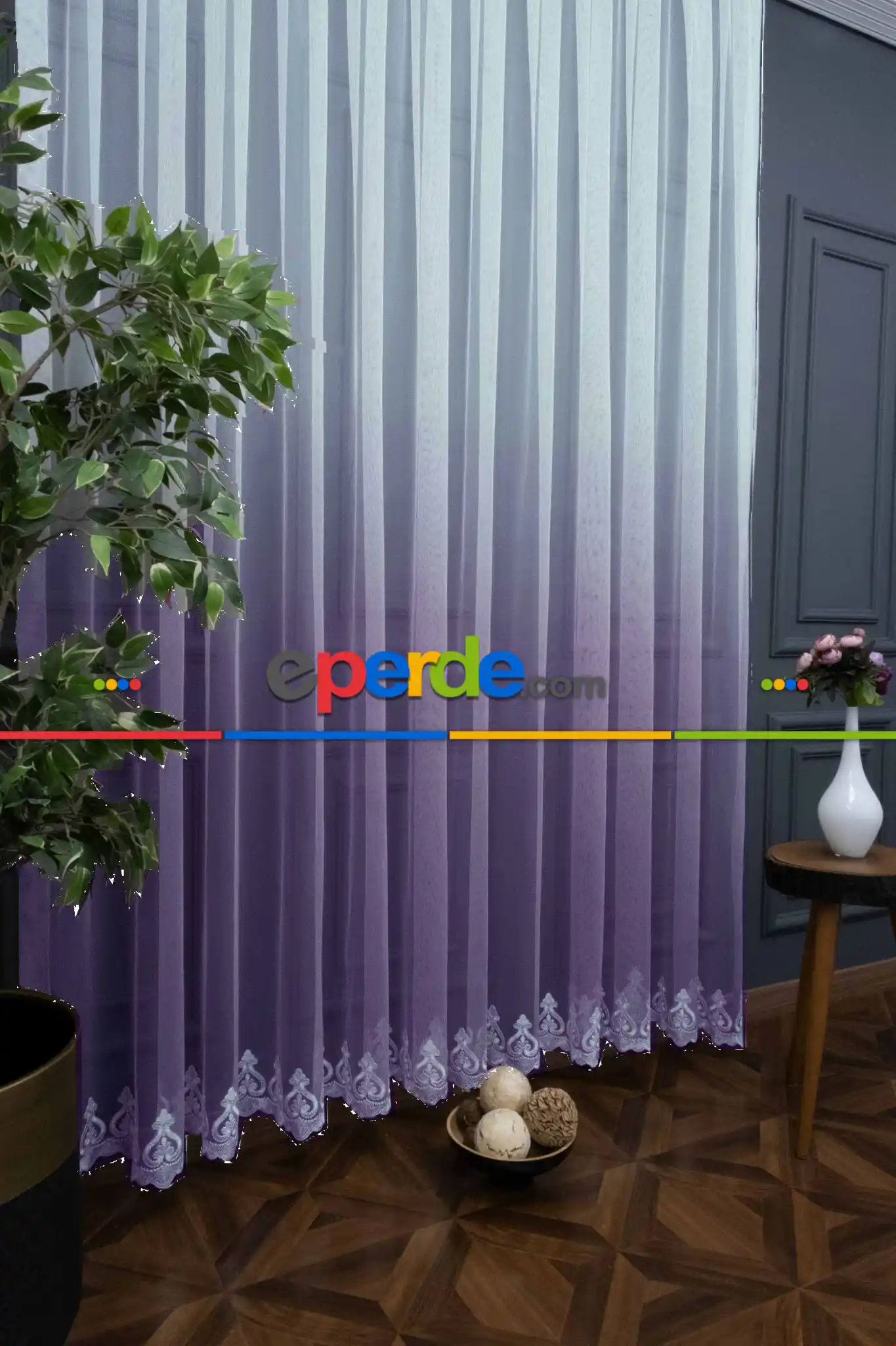 Salon Etek Nakışlı Antrasit Renk Geçişli Tül Perde- Antrasit