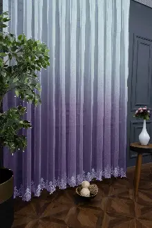 Yatak Odası - Etek Nakışlı Antrasit Renk Degrade Geçişli Tül Perde- Antrasit