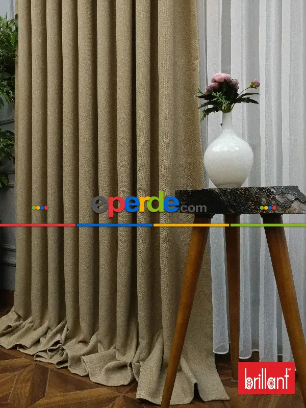 Yatak Odası - Brillant Keten Açık Bej Renk Düz Fon Perde - Bej