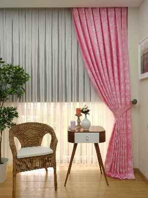 Pembe Renk Jakar Desenli Fon Perde- Şeker Pembe